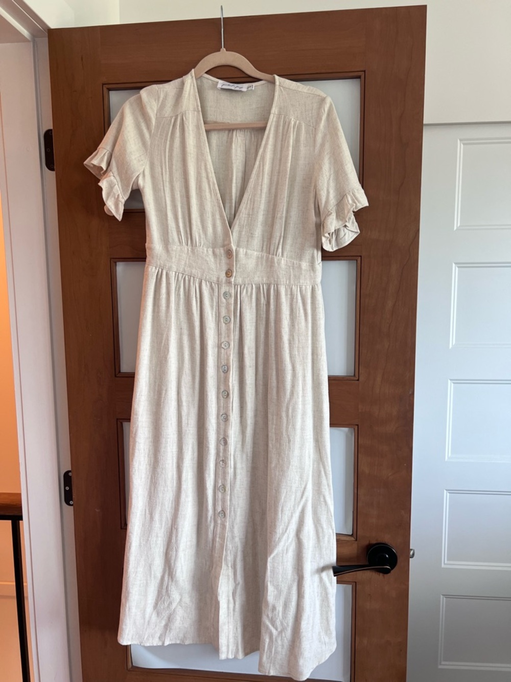 Petal & Pup Cream Button-Down Midi Dress with Ruffle Sleeves